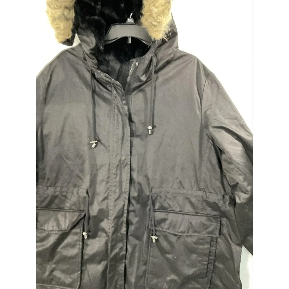 Coat Womens 3XL Black Hooded Faux Fur Lined Long Parka Pockets Zip Warm Winter
